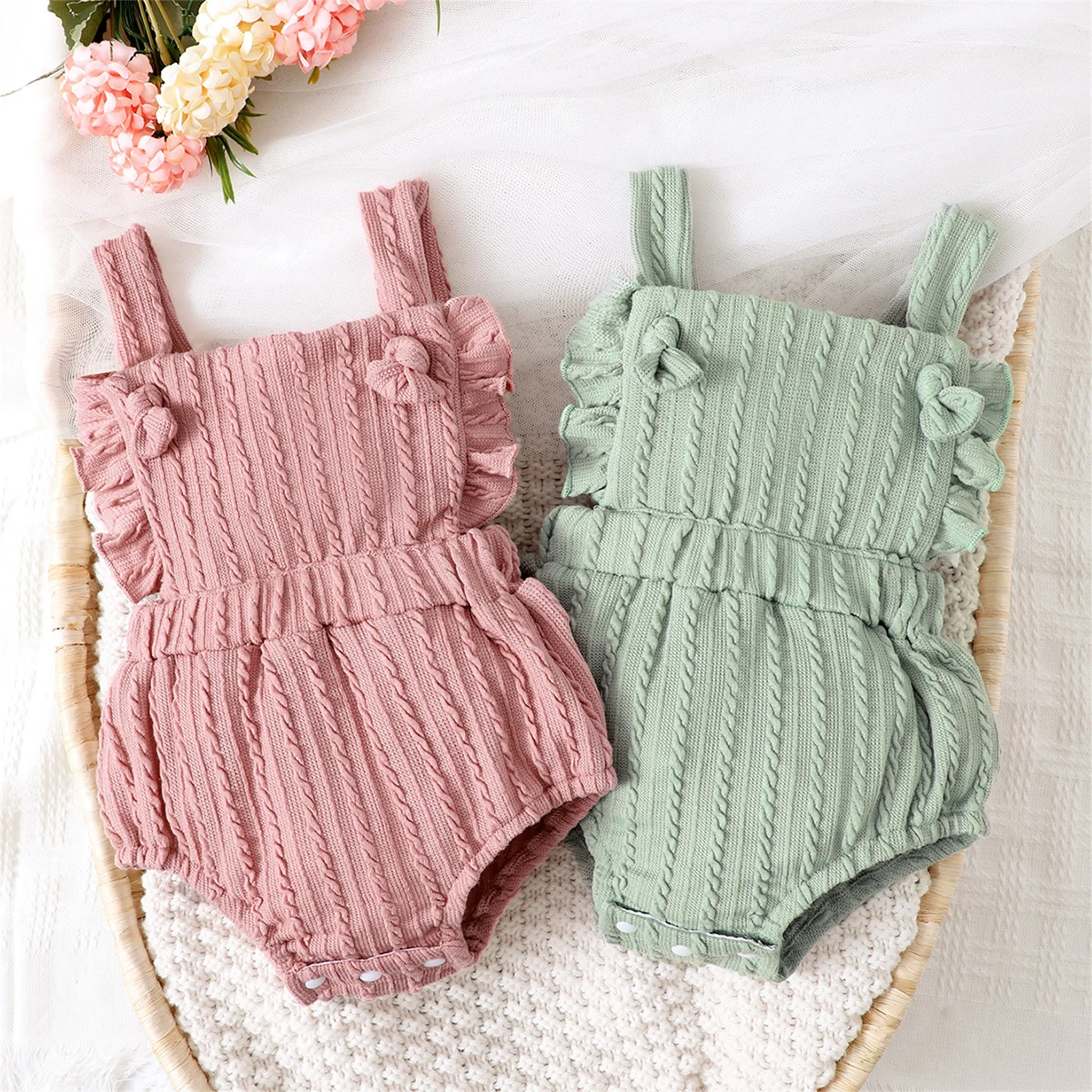 

Infant Baby Girls Knitted Romper Solid Color Sleeveless Backless Sling Snap Closure Jumpsuits Summer Girls Lovely Bodysuits