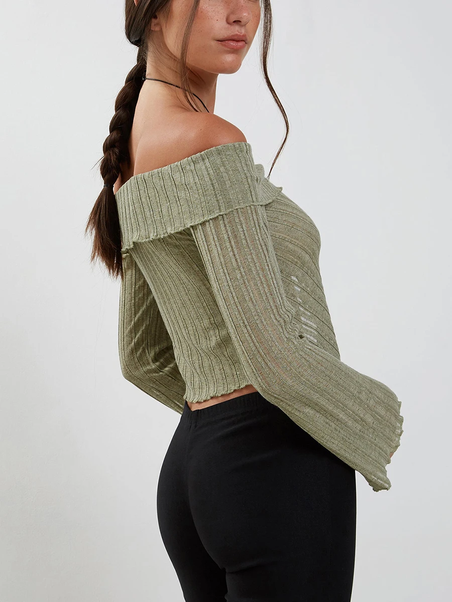 Новые модные женские трикотажные топы с открытыми плечами и длинным рукавом