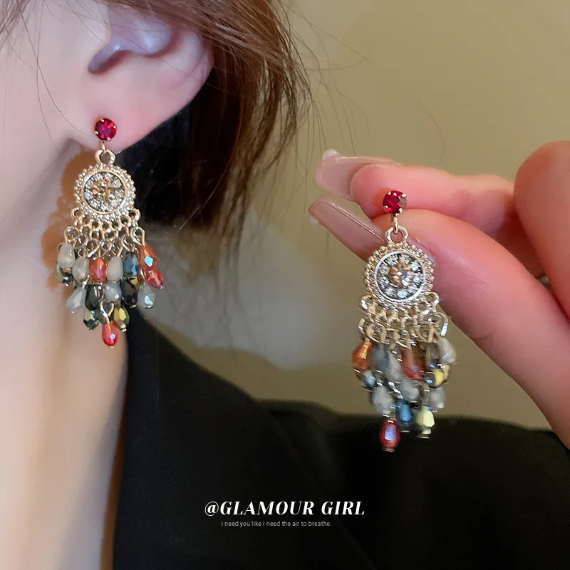 Серебряные гвоздик со стразами-Инкрустированные цветы серьги с кисточками и