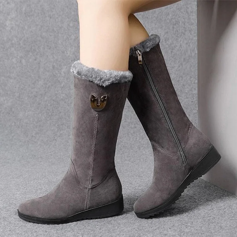 High Boots Women Warm Plush Suede Ladies Long Boots Comfortable Winter Female Wedge Cotton Shoes Mid-calf Fur Zapatos Mujer 2022