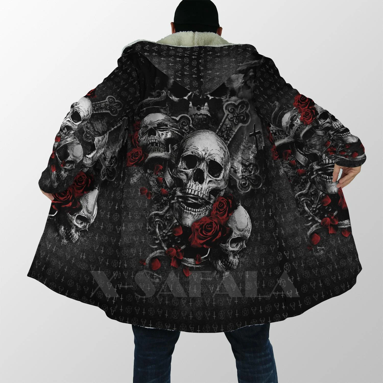 

Satanic Skull Tattoo Grim Reaper Girl Overcoat Coat 3D Printed Thick Warm Hooded Cloak for Men Windproof Fleece Unisex Casual-5