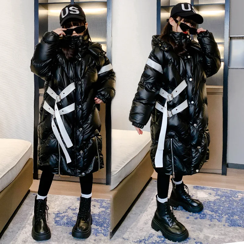 

Зимняя куртка для девочек с капюшоном, теплая плотная детская длинная куртка, брендовый дизайн, Подростковая хлопковая парка, верхняя одежд...