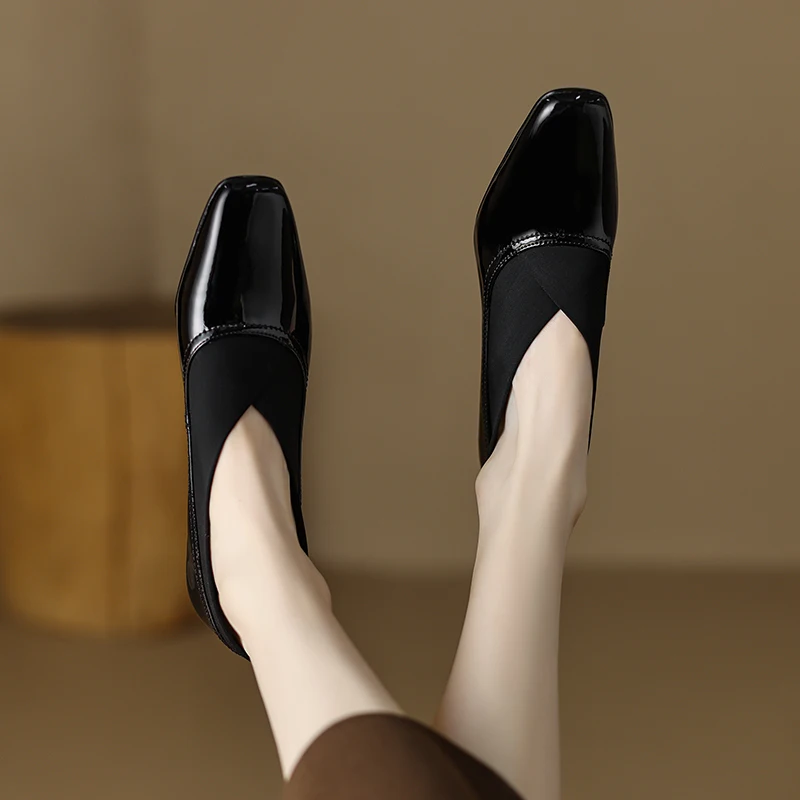 Spring and Autumn Cowhide Women's Shoes Square Toe Lacquer Leather Elastic Belt High Heel Simple Thick Heel Women's Shoes