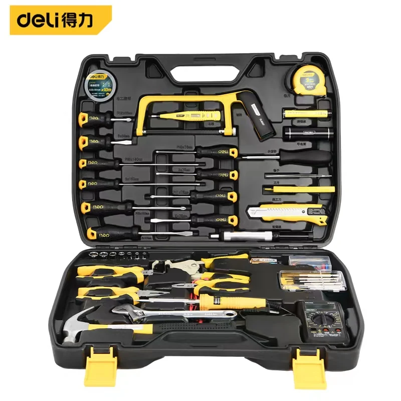 

deli 118Pcs Multi-Function Hand Tool Set Kit Household Tool Kit Saw Screwdriver Hammer Tape Measure Wrench Plier For Car Phone