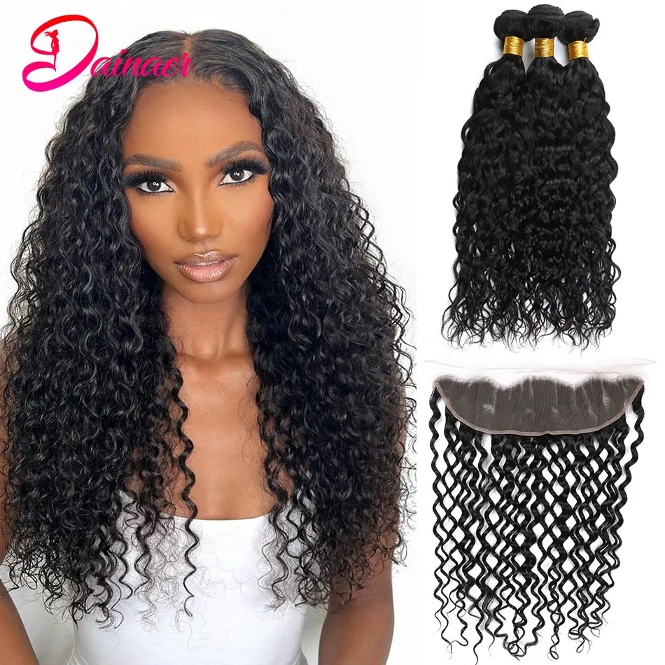 Water Wave Bundles And Closure 13x4 Frontal With Bundles Human Hair Bundles With Frontal Pre Plucked 8A Remy Hair Extensions