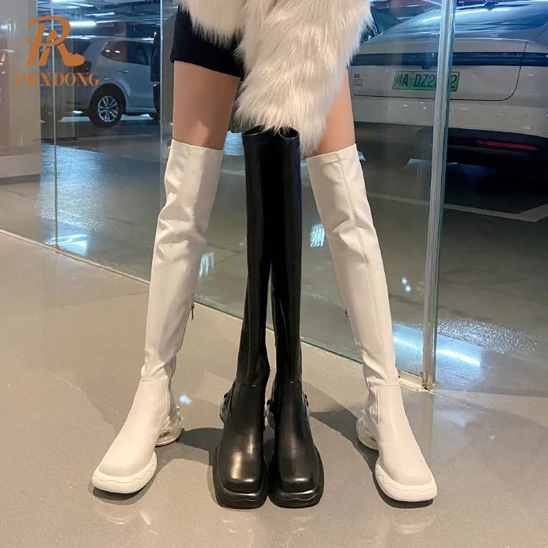 Женские высокие сапоги на массивном каблуке PRXDONG черные или Белые Повседневные