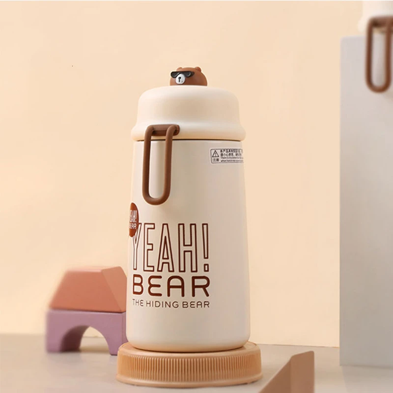

320ml Double Stainless Steel Coffee Thermos Mug With Bear Doll With Non-slip Case Car Vacuum Flask Travel Insulated Bottle Girl