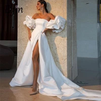 elfin white a line prom dresses deteachable short puffy sleeves evening gowns high slit women formal party dress plus size