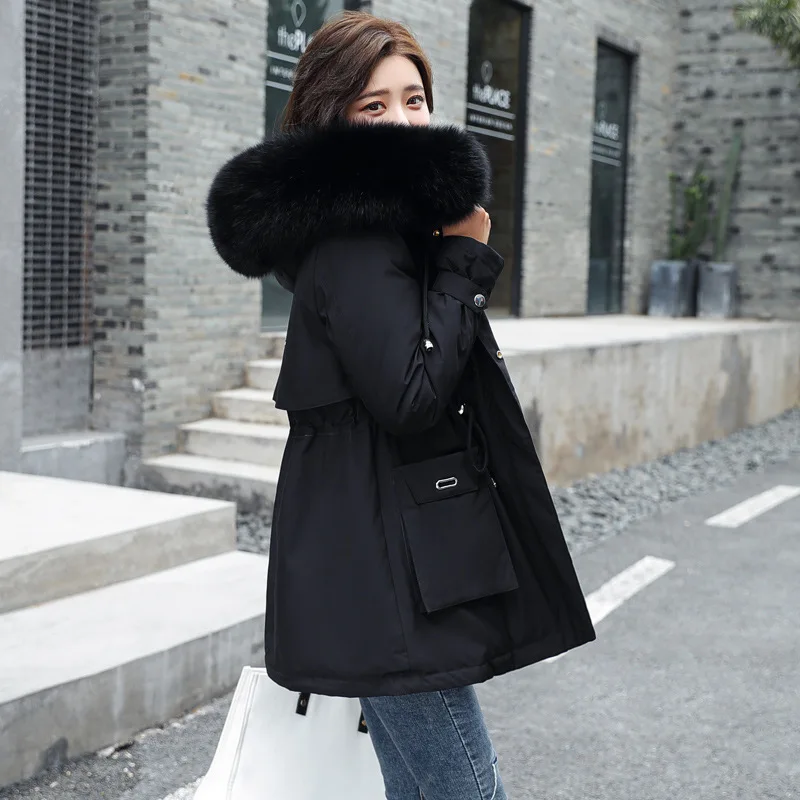Women Casual Fur Lining with Pockets Big Fur Collar Winter New Parkas Thicken Warm Jacket Hooded Parka Coats Mujer Cotton Coat