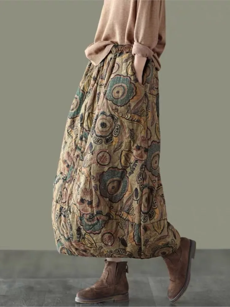 Женская длинная юбка в китайском стиле Johnature Теплая из хлопка и льна ретро с
