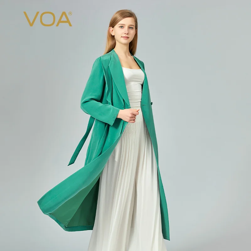 

VOA 30m/m Heavy Mulberry Silk Green Irregular V-Neck Loose-leaf Long-sleeved Commuter Mid-length Silk Trench Coat FE233