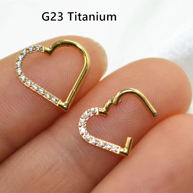 10pcs G23 Titanium CZ Heart 16G Nose Hoop Septum Clicker Hinged Segment Ring Ear Cartilage Helix Rook Tragus New Body  Piercing