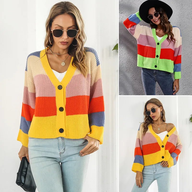 

Women's 2023 Fashion Casual Y2k Colored Rainbow Knitted Button Cardigan Sweater Loose Short Coat Striped Knitted Top Loose Fit