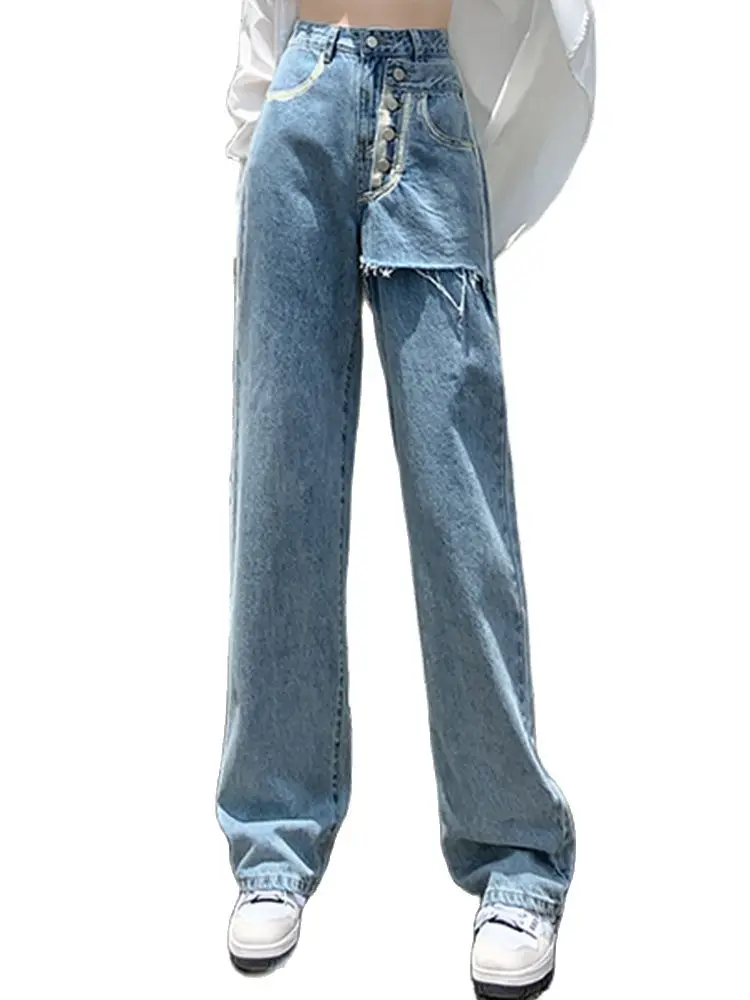 

Casual Jeans Breasted Stitching High Waist Straight Pants Wide Leg Trousers 2022 Summer Korean Fashion Women'S Clothing