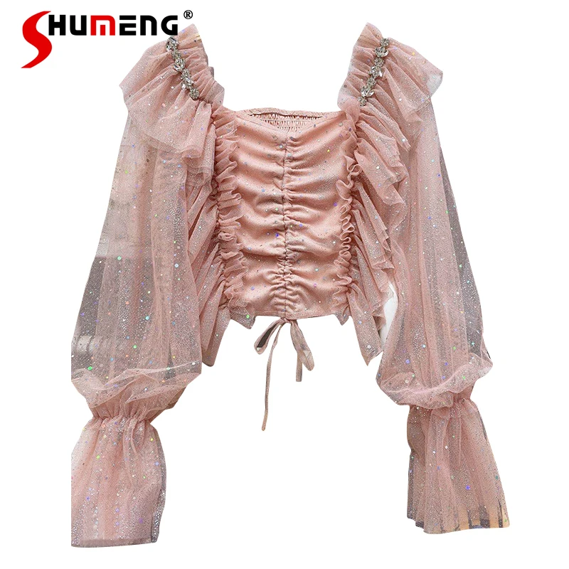 

Sexy Off-Shoulder Fairy Mesh Pink Lace Shirt Women 2022 Spring Summer Camisas High Waist Slimming Pleated Long Sleeve Blusas Top