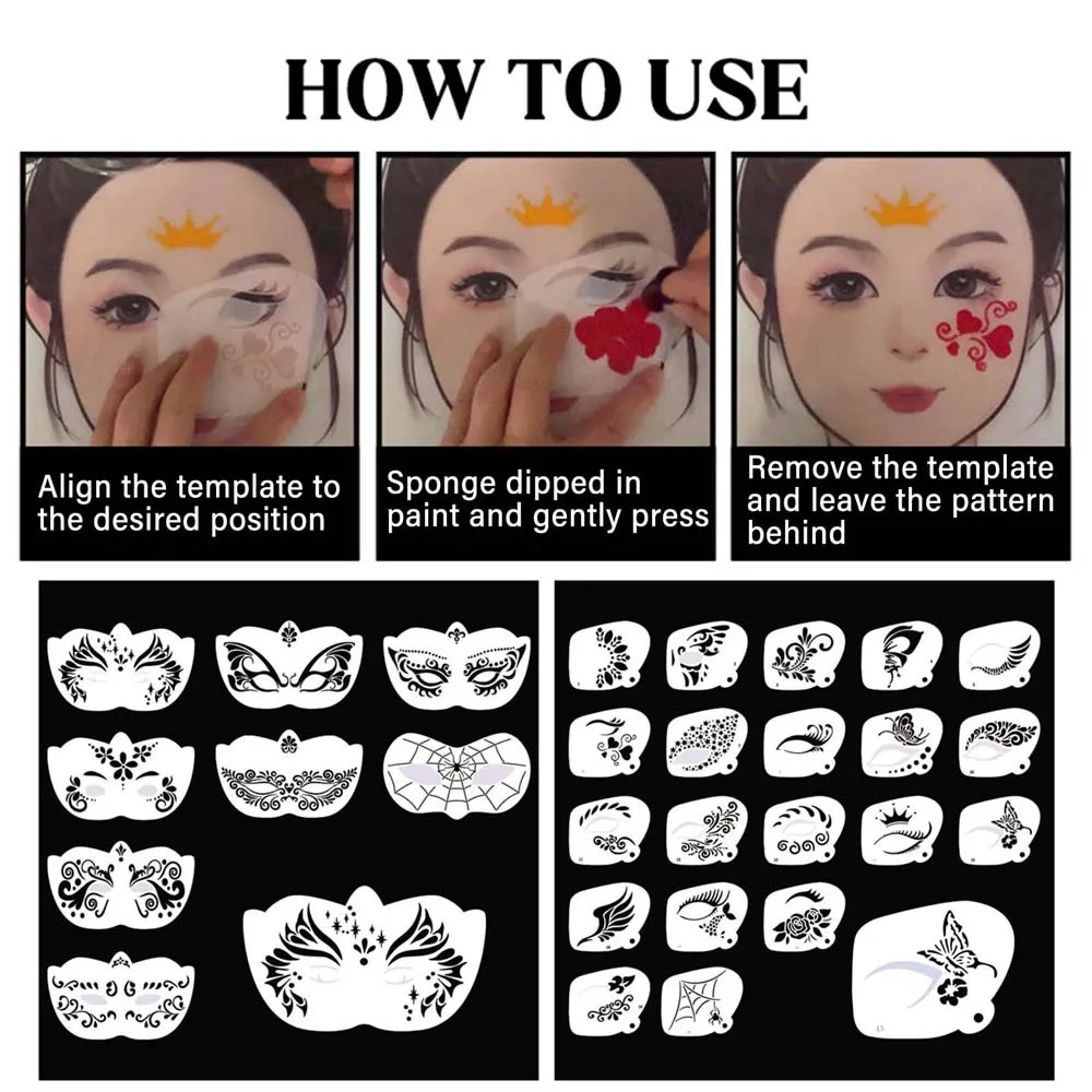 Многоразовые шаблоны для раскрашивания лица разные распашные трафареты