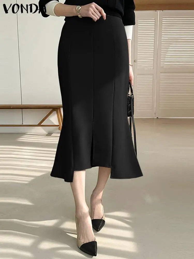 

Elegant Office Lady Skirts 2023 VONDA Fashion Women Mid-Calf Bottoms Female Sexy Irregular Fishtail Hem Party Skirts Oversized