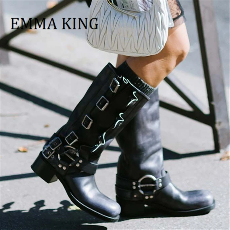 

Woman Retro Buckle Straps Boots Chunky Heel Thick Sole Knee High Boots Metal Belt Punk Style Autumn Shoes Western Cowboy Botas