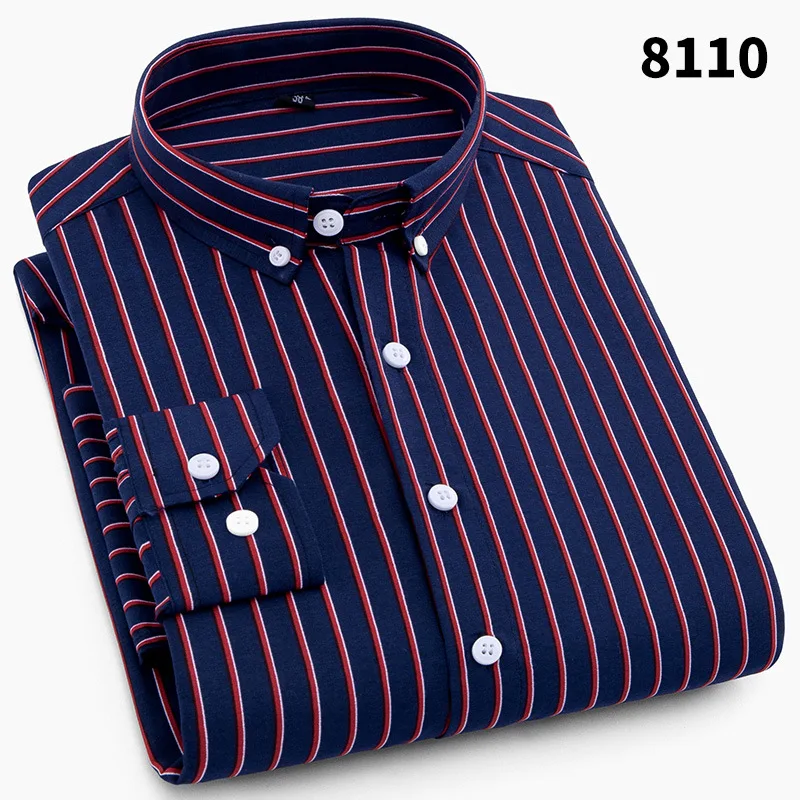 Spring and Autumn Fashion Long Sleeve Shirt Youth Men's Business Casual Loose Stripe Plaid Square Neck Shirt