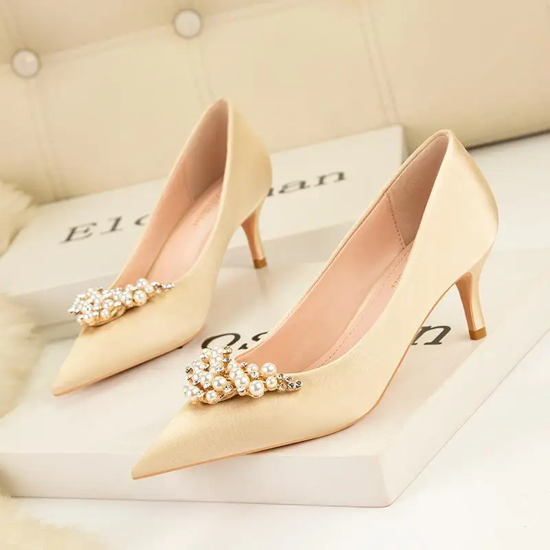 

6cm Sexy High Heels Stiletto High Heels Shallow Mouth Womens Shoes Pointed Pearl Crown Rhinestone Satin Heels Women 2023 New