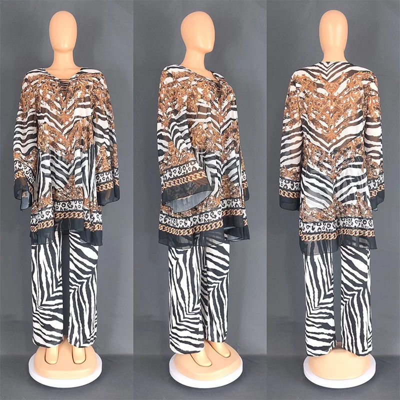 Plus Size Women Clothing New Fashion Trouser Set Printed Chiffon Flare Sleeves Large Loose Two Piece Set Women Outfit 2023