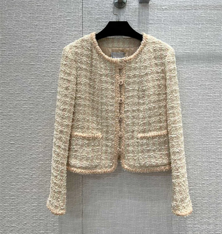 

European and American women's wear spring 2022 new Long-sleeved round collar fashion Beige single-breasted tweed coat