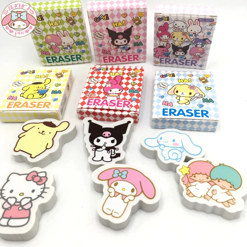 

Authentic Sanrio Cartoon Eraser 12/24pcs Pochacco Hello Kitty Kuromi Kawaii Stationery Pupil Cute Clean Less Debris Eraser Boxed