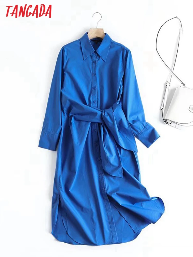 

Tangada 2023 fashion women Blue cotton shirt dress with slash vintage long sleeve office ladies midi dresses 4C45