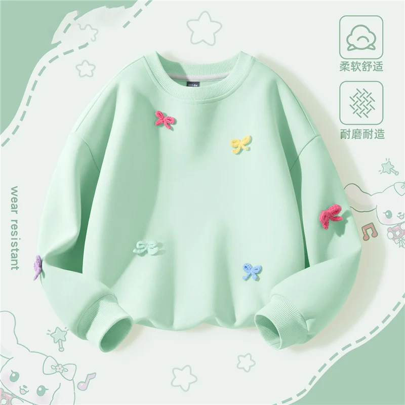 Фото Модный свитшот для девочек, весенний детский пуловер ярких цветов с бантом, осенние детские приятные для кожи топы с длинными рукавами, одежда для детей 4-14 лет №4
