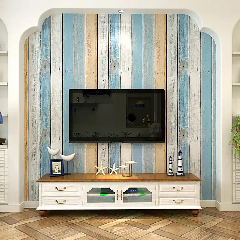 

Mediterranean Style TV Background Wall Wallpaper Living Room Film and Television Wall Imitation Wood-Grain Non-Woven Blue