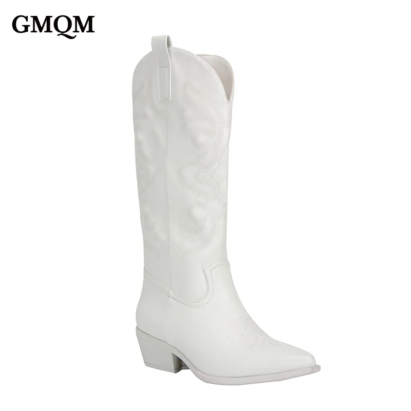 

New Brand Fashion Women Westem Cowboy Boots Mid-Calf Boots Dropship Lady New 2022 Autumn Winter Metalic Sexy Pumps High Heels