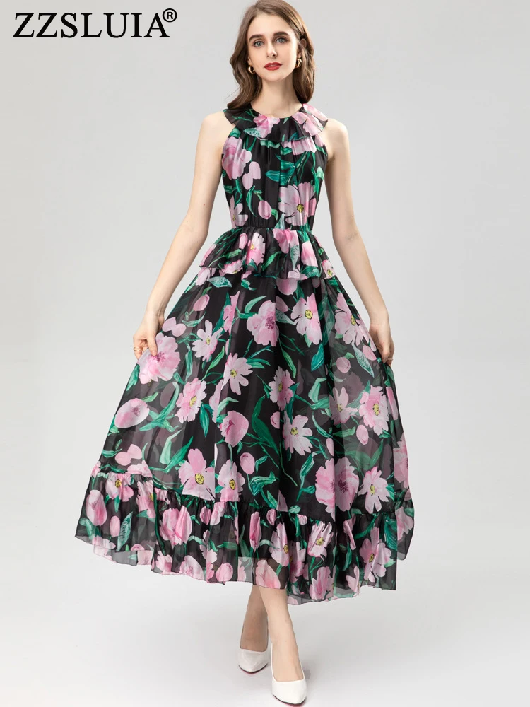 ZZSLUIA Vintage Dresses For Women Floral Printed Ruffles Designer Slim Long Dress Fashion Off Shoulder Elegant Dresses Female