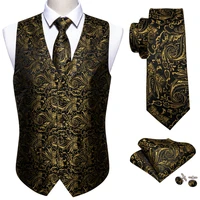4pc gold floral silk vest waistcoat men slim suit vest black necktie handkerchief cufflinks tie vest barry wang business