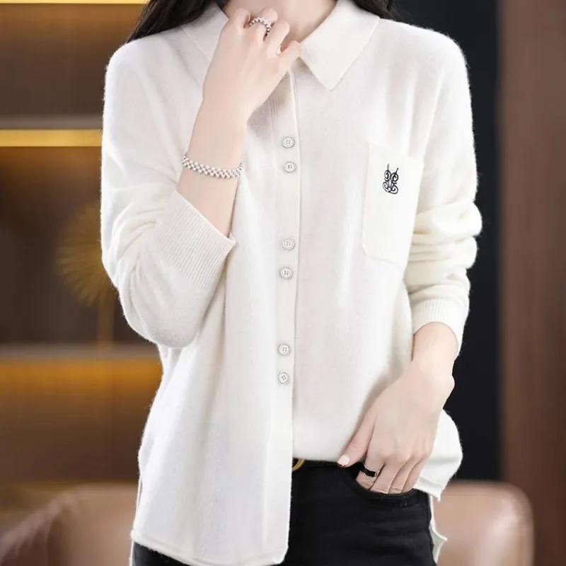 Весенне-осеннее женское однотонное поло с длинным рукавом вязаный кардиган