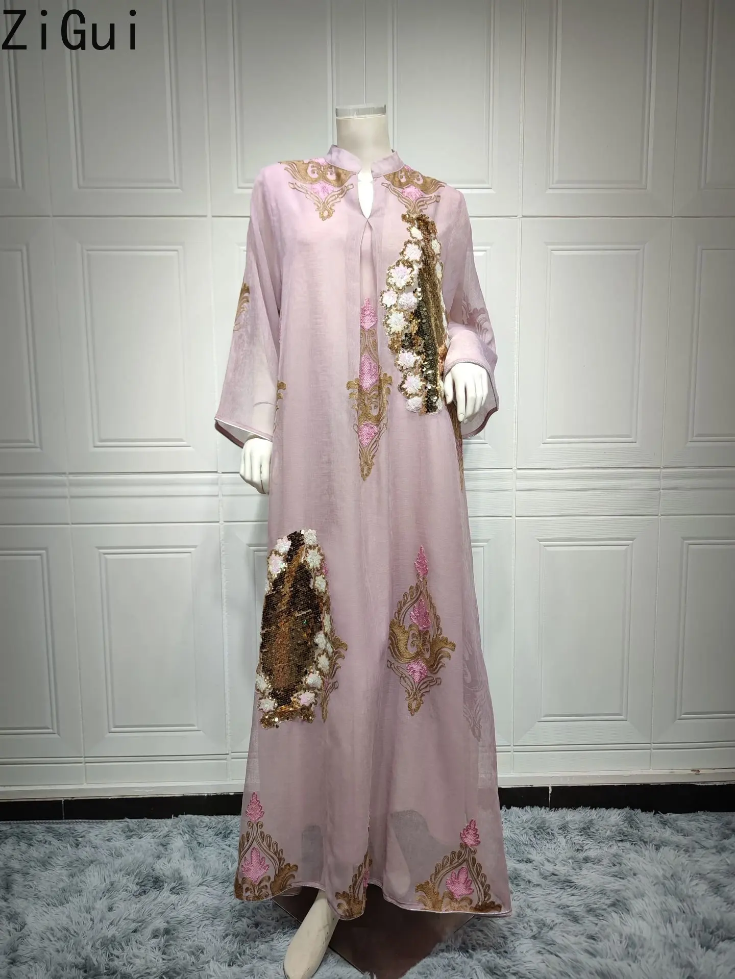

Zigui Dubai Dresses Luxury Arabic Mesh Sequins Pink Long Moroccan Kaftan Abaya Dubai Turkey Women Dresses