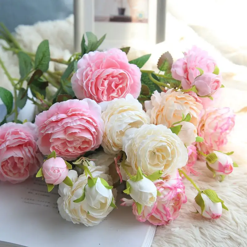 

Rose Artificial Flowers 3 Heads Pink White Peonies Silk Flower Wedding Garden Decoration Fake Flower Bouquet Peony Color