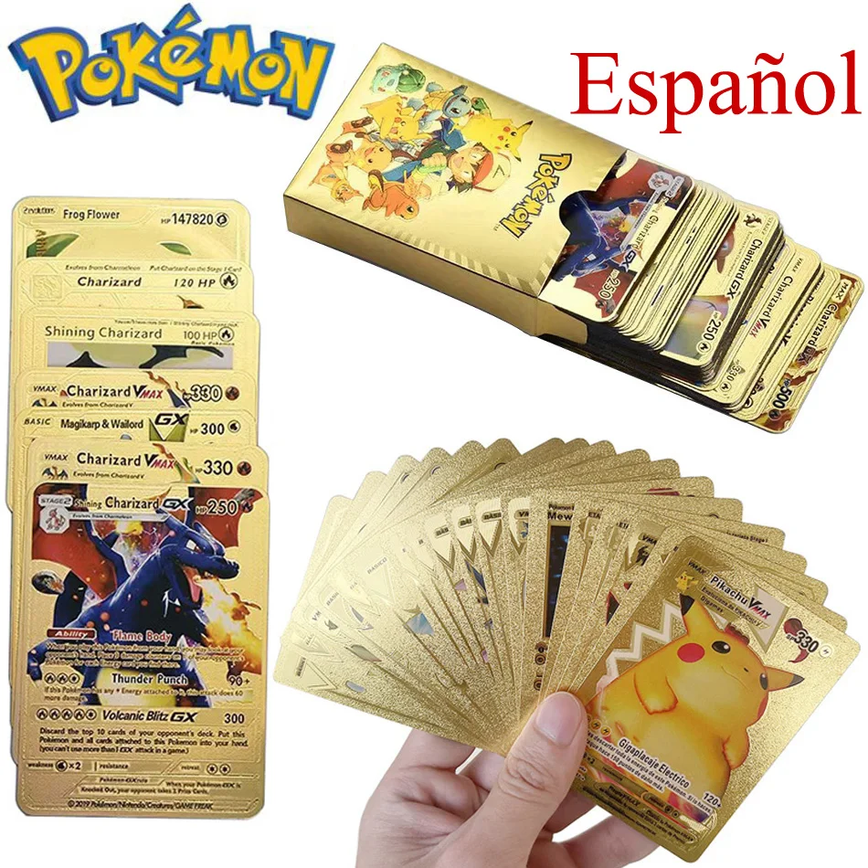

Cartas Pokemon Español Metal Gold Card Box Golden Letter Spanish Playing Cards Metalicas Charizard Vmax Gx Series Game Card Box