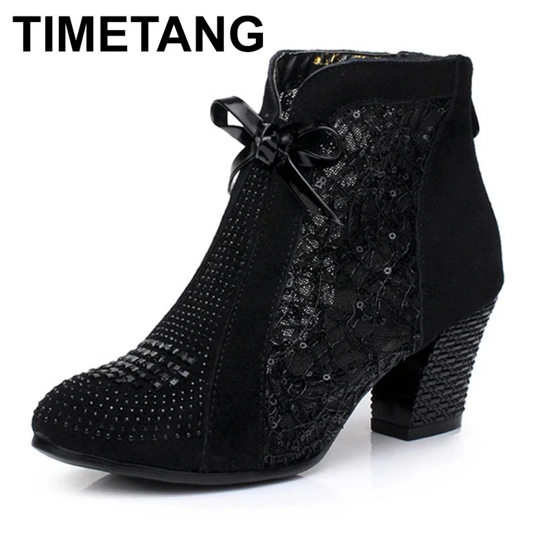 

Thick Mid Heel Nubuck Leather Lace Floral Bowknot Pearl Rivets Summer Women Fashion Sandals Ankle Boots Plus Size 32-42