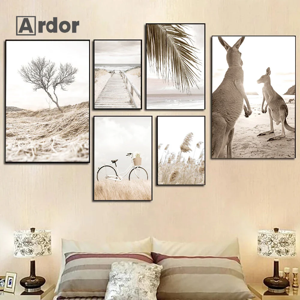 

Bridge Wall Art Dried Grass Reed Print Pictures Beach Canvas Poster Bicycle Palm Tree Art Print Nordic Picture Living Room Decor