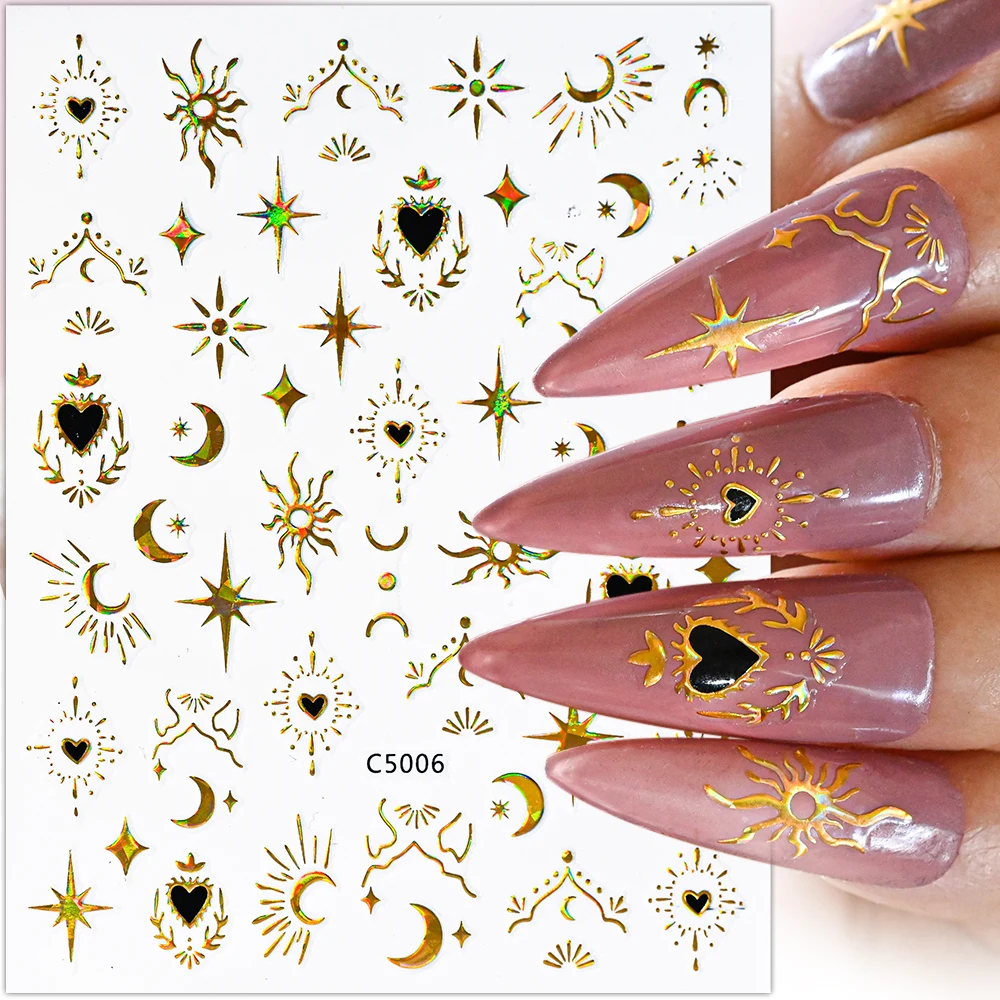 

3D Laser Heart Nail Sticker Nail Art Decoration Gold Bronzing Star Moon Accessories Decal Leaves Self-adhensive Films Manicure #