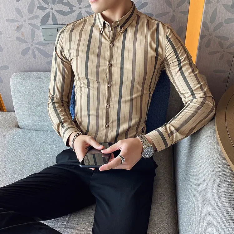 Men's shirt long sleeve Korean slim handsome English casual stripe shirt men's business non-iron fashion inch shirt