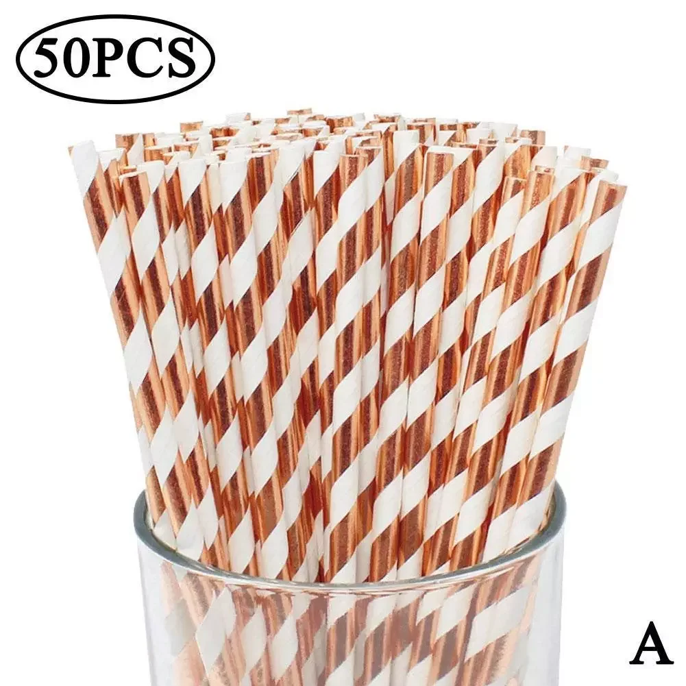 

50pcs Rose Gold Paper Straws Strip Dot Drinking Straw Disposable Tableware Bar Party Supplies Wedding Birthday Party Decoration