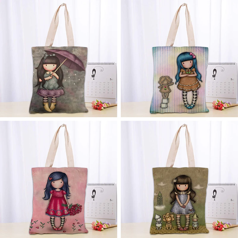 

Santoro Gorjuss Tote Shopping Bags Canvas Cartoon Printing Tote Bag Reusable Purses Handbag Women Shoulder Cloth Pouch Foldable