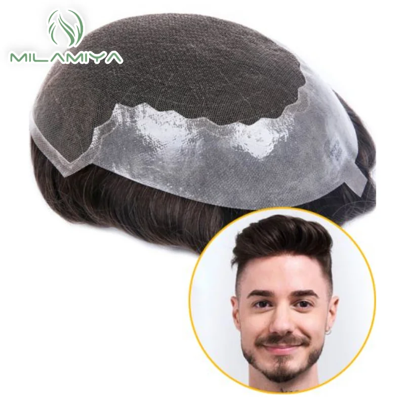 Q6 Toupee For Men Lace & PU Base Human Hair System Unit Toupee Wig For Men Durable Male Hair Prosthesis Men's Wigs