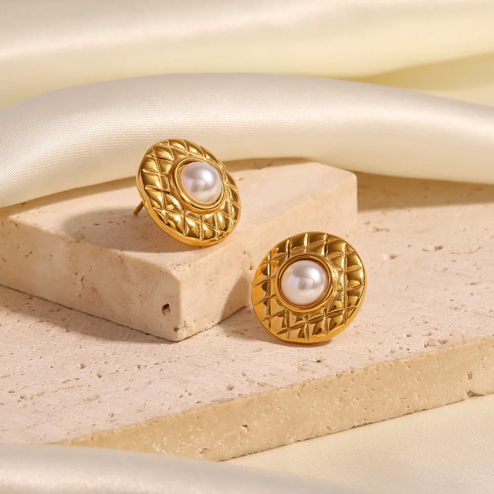 Stainless Steel PVD 18K Gold Plated Tarnish Waterproof Pearl Inlay Button Stud Earring Woman Jewelry Wholesale Trendy