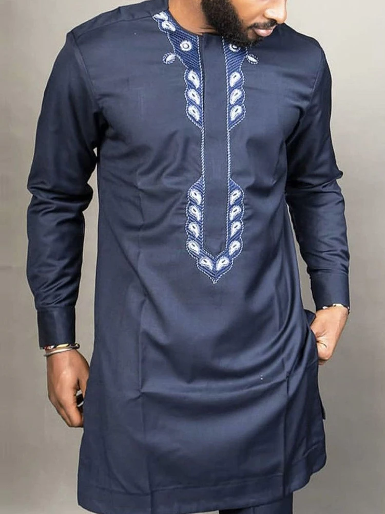 Ramadan Eid Muslim Fashion Men Shirt Arabian White Abaya Dubai Long Sleeve Top Navy Blue Slim Fit Embroidered Islamic Clothing
