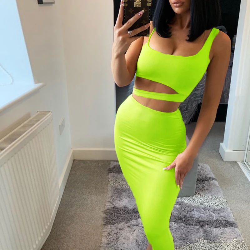 

Summer Women Sets Sexy Sleeveless Crop Tops Long Midi Skirts Elastic Waist Solid Club Neon Green Suit Hollow 2 Piece Sets PR024G