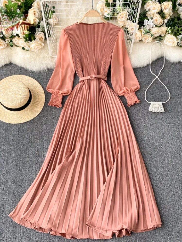 

New 2022 Women Elegant Maxi Dress Spring Summer Patchwork Puff Long Sleeve Pleated Muslim Long Dresses Ladies Party Dress