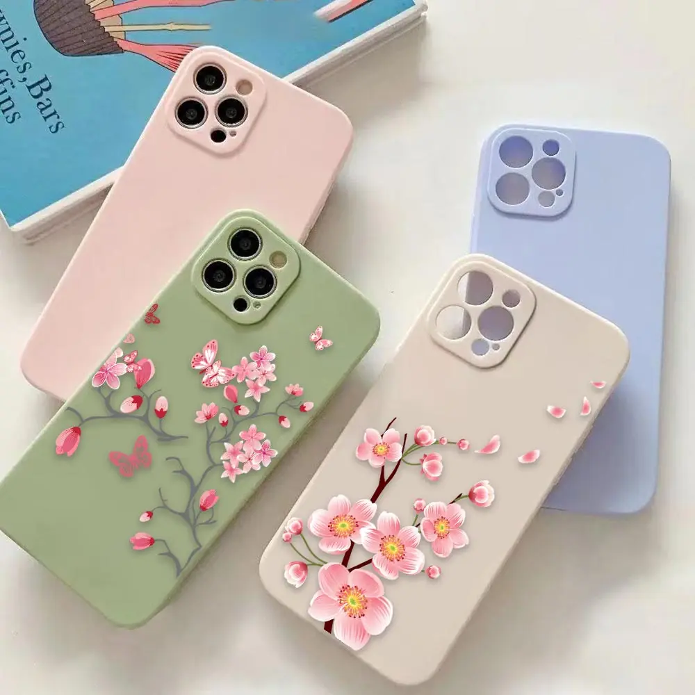 

Romantic Beautiful Peach Blossoms Colorful Liquid Phone Case For iPhone Apple 14 13 11 12 X XS 7 8 Pro Plus Max Mini Hand Strap