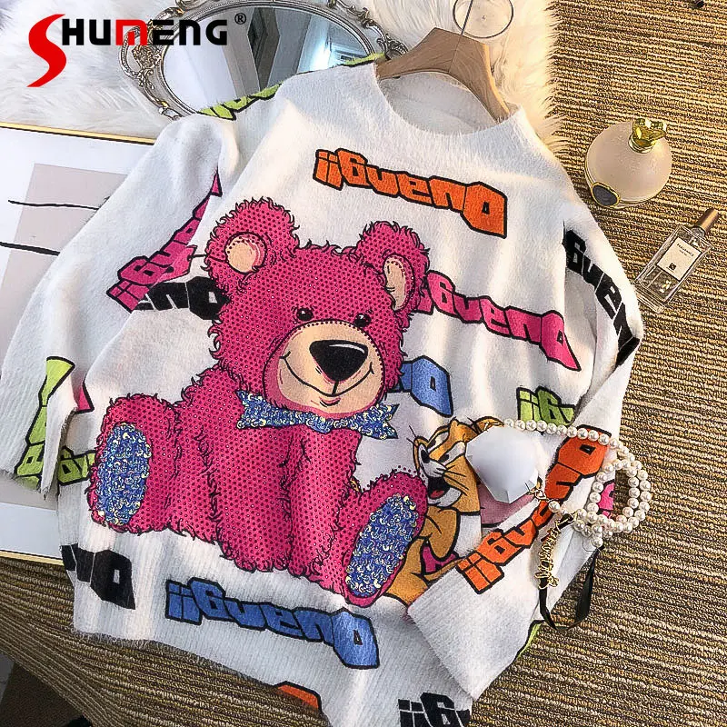 

High Street Fashion Cartoon Bear O-neck Sweater Women's 2022 Fall New Elegant Streetwear Loose Lazy Style Pullover Knitted Top